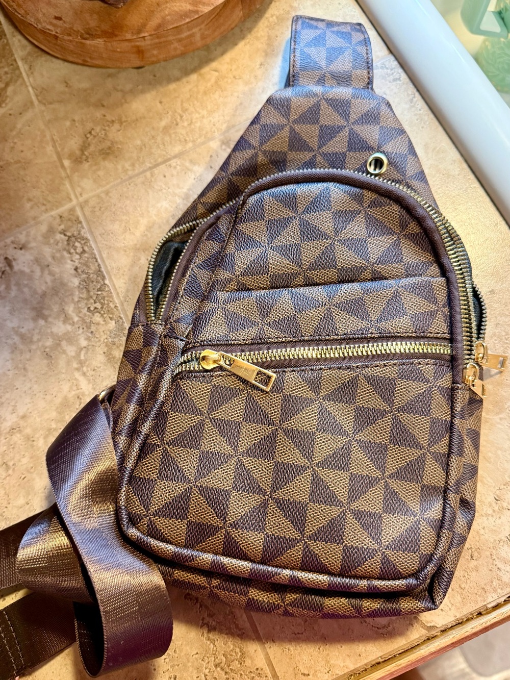 Brown Geometric Crossbody Sling Bag with Gold Hardware
